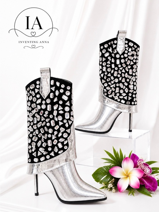 Lauren Lorraine Shoes - Lauren Lorraine Silver Crystal Rhinestone Western Stiletto Boots Black Suede